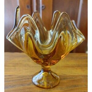 Boho Retro 60s Viking Amber Gold Glass Handkerchief Swung Vase Pedestal Dish MCM